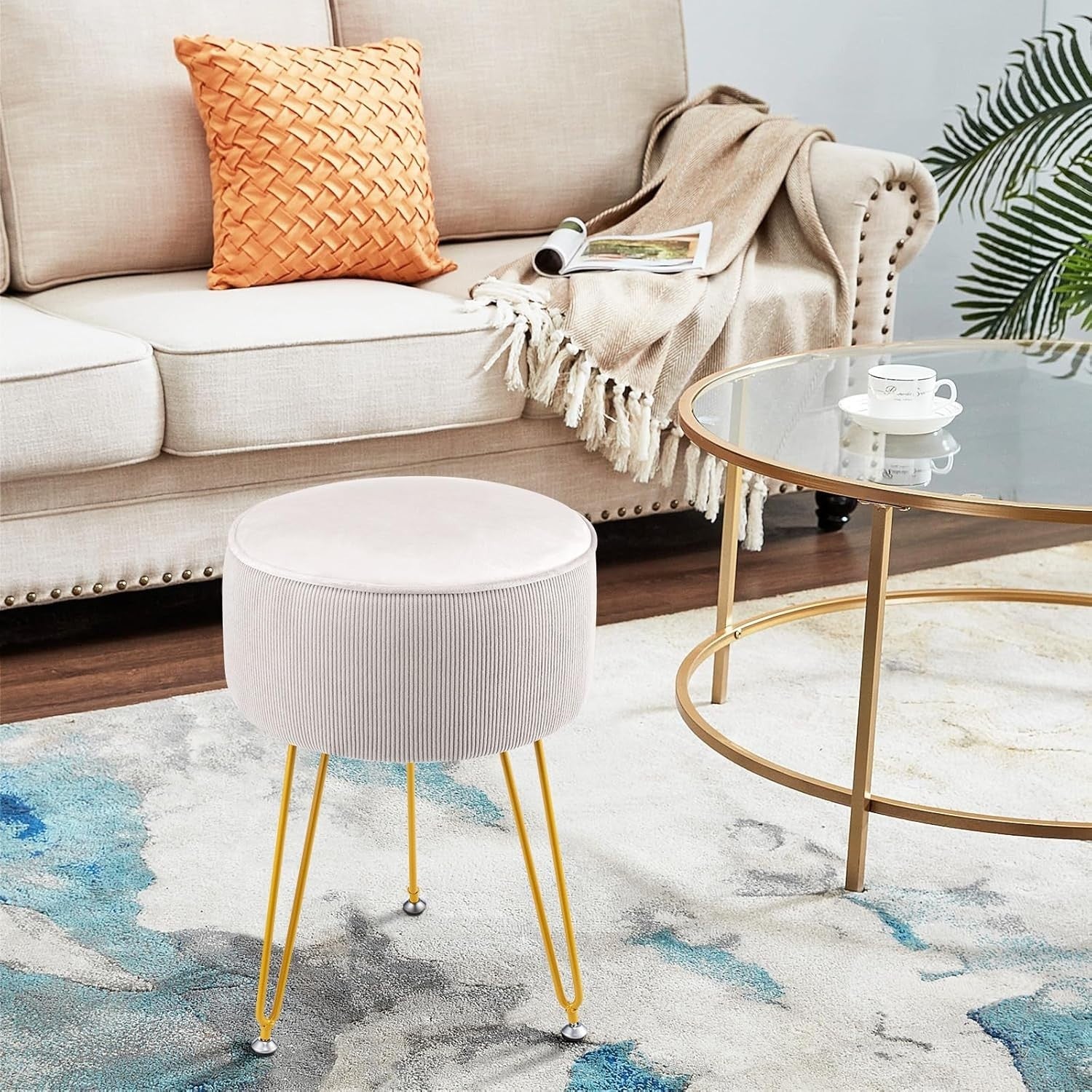 White Round Vanity Stool with Metal Legs – Padded Dressing Table Chair