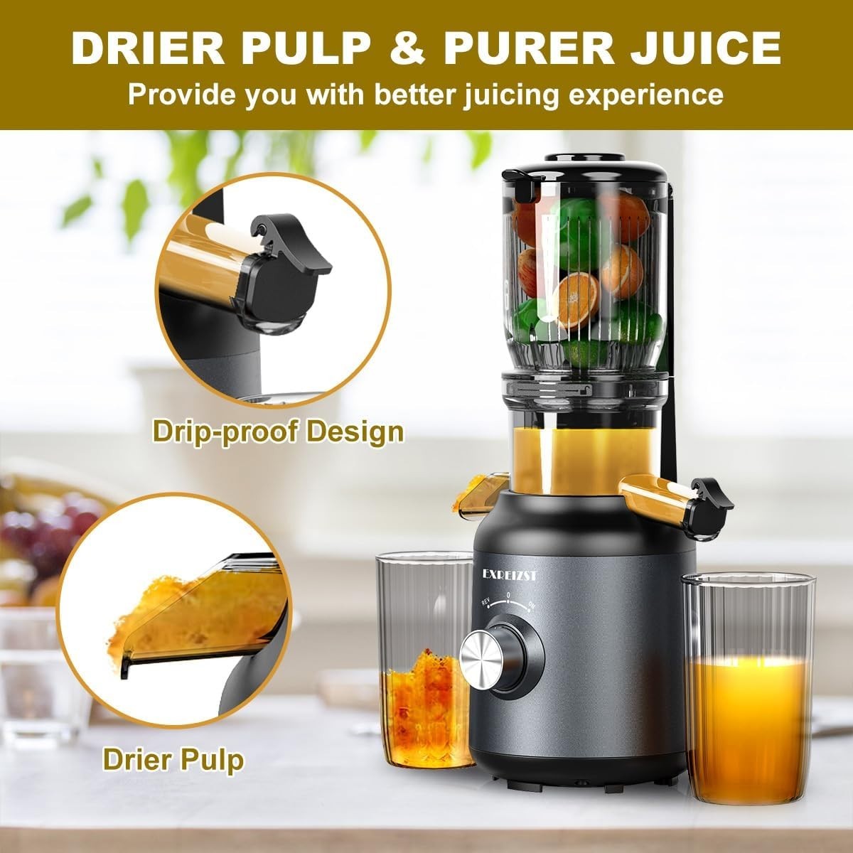 Cold Press Juicer 103mm Wide Chute Whole Fruit Slow Juicer 250W Quiet
