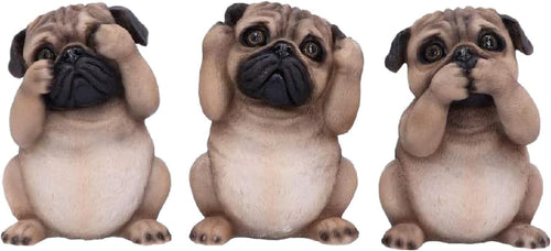 Three Wise Pug Figurines Resin 8.5cm Cute Dog Ornament Set Home Decor Gift