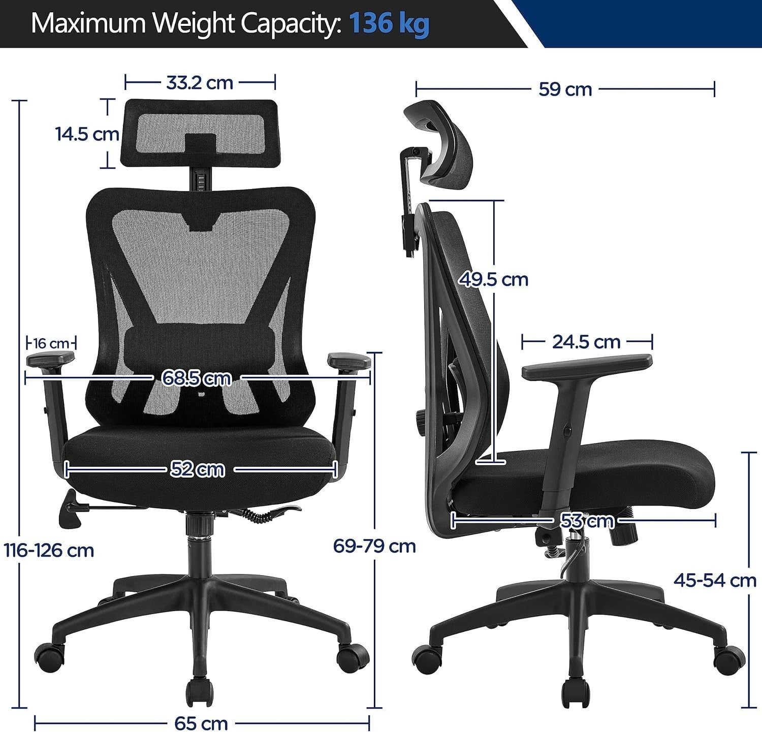Ergonomic Office Desk Chair Mesh Back Adjustable Lumbar Headrest Reclining