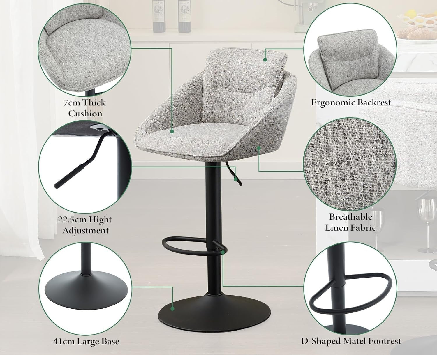 Adjustable Grey Linen Bar Stools Set of 2 Swivel Kitchen Counter