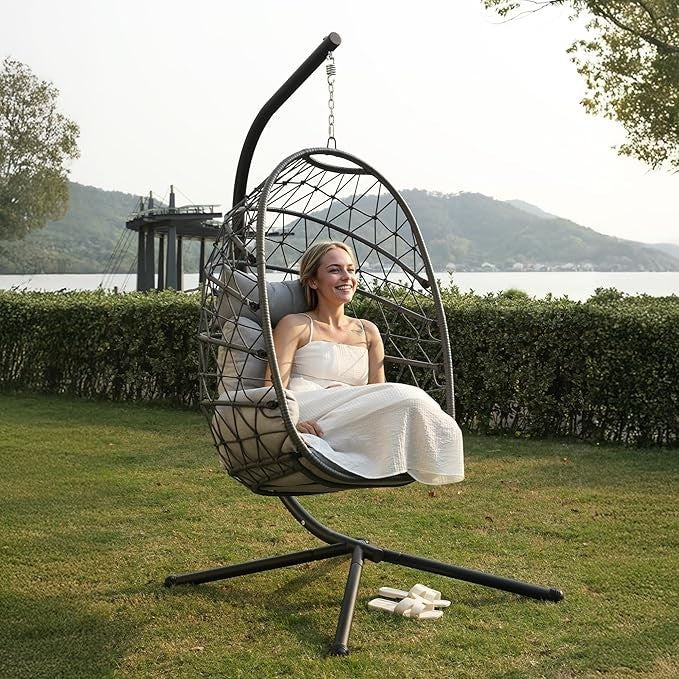Luxury Hanging Egg Chair with Stand Indoor Outdoor Swing Seat 350lbs