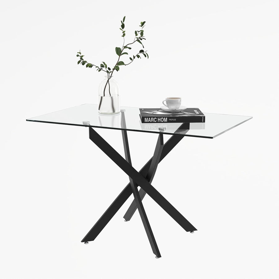 Rectangular Glass Dining Table 120x70cm 76cm Height Black Metal Legs