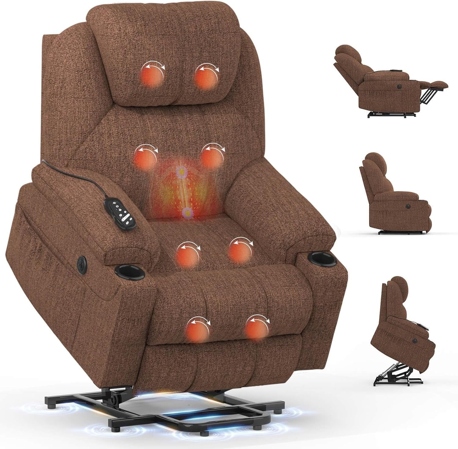 Power Lift Recliner Chair Massage Heat USB Type-C Cup Holders Fabric Brown