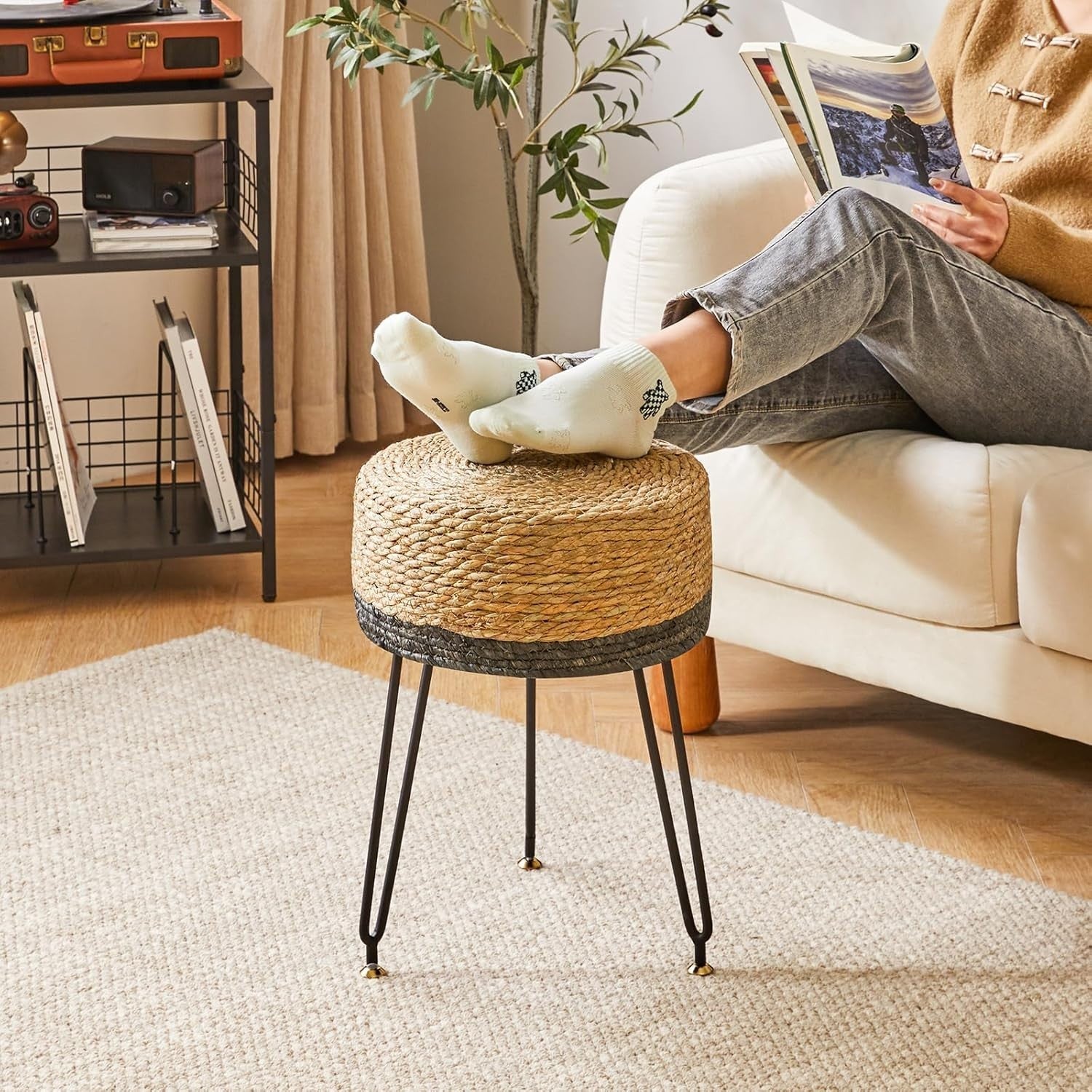 Black Seagrass Woven Footstool Pastoral Round Stool Metal Legs 32×32×45cm