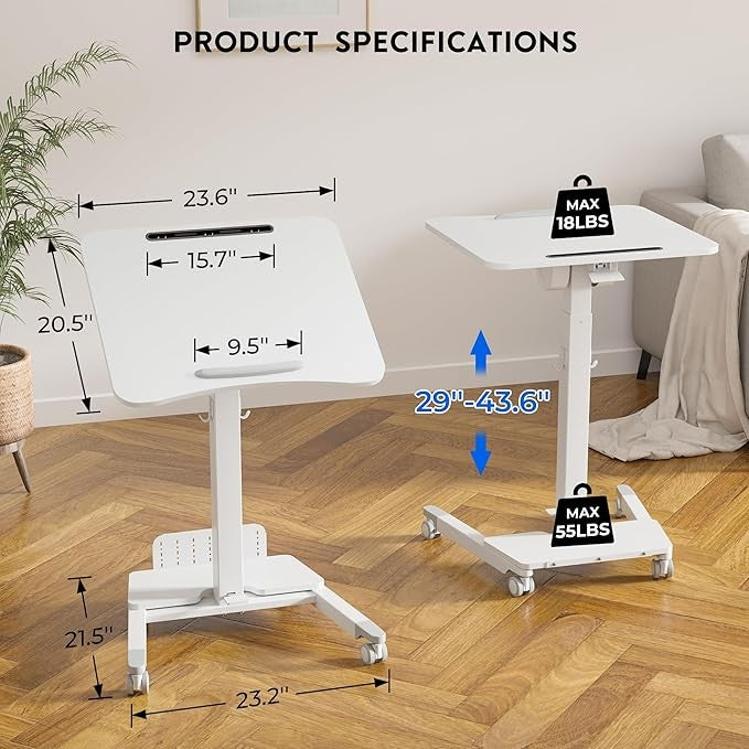 Mobile Standing Desk Adjustable Height Rolling Laptop Table 60x52cm White