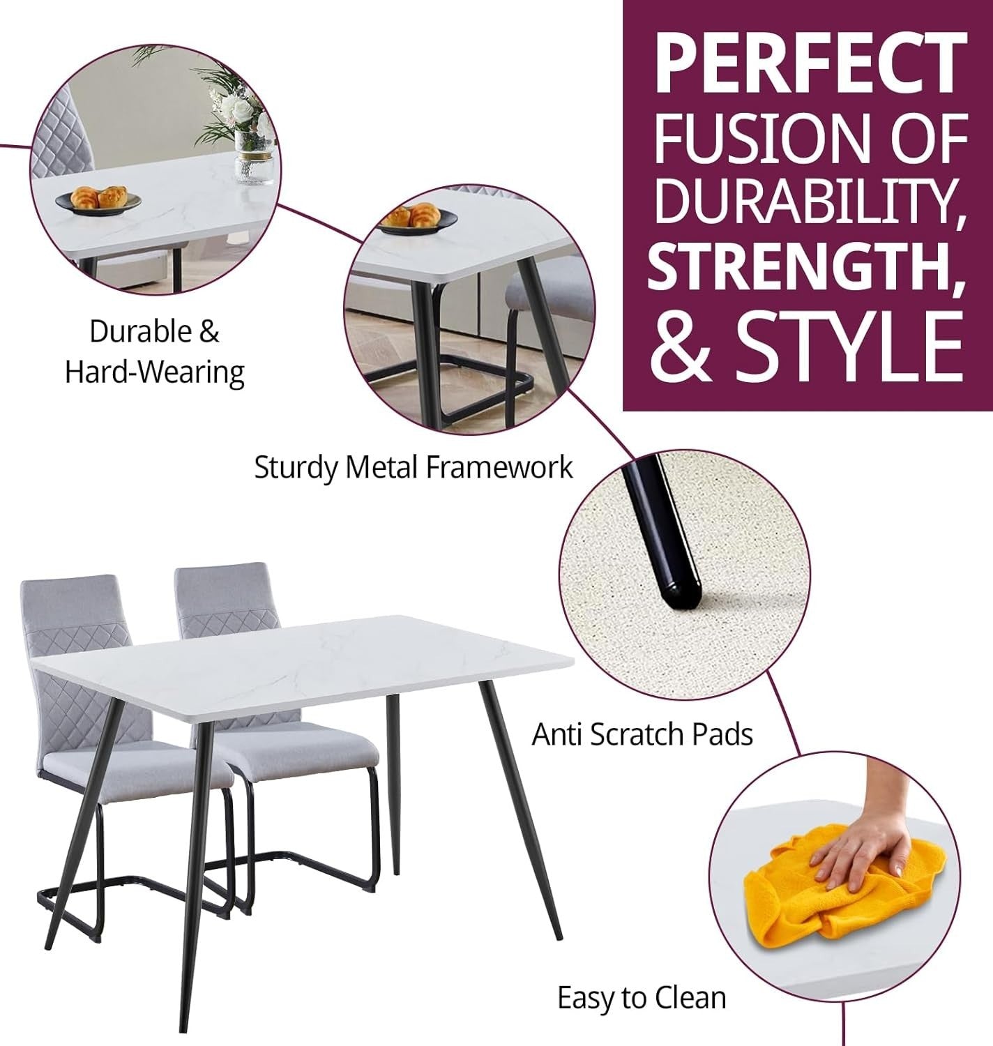 Marble Effect Dining Table & 4 High Back Grey Chairs – Small Kitchen Set