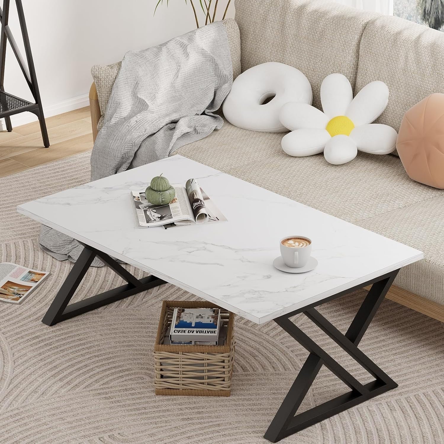 Modern Black Gold Coffee Table Rectangular Room Table Open Storage.