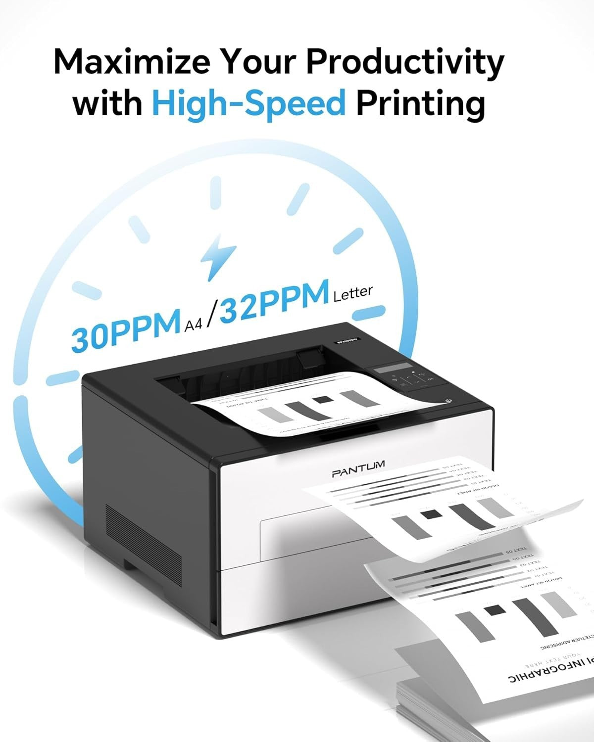 Black Mono Laser Printer A4 30ppm Auto Duplex WIFI USB Bluetooth