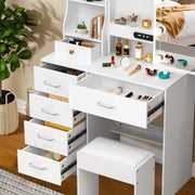 Vanity Desk Dressing Table w/ LED Light Mirror 5 Drawers Storage White Modern