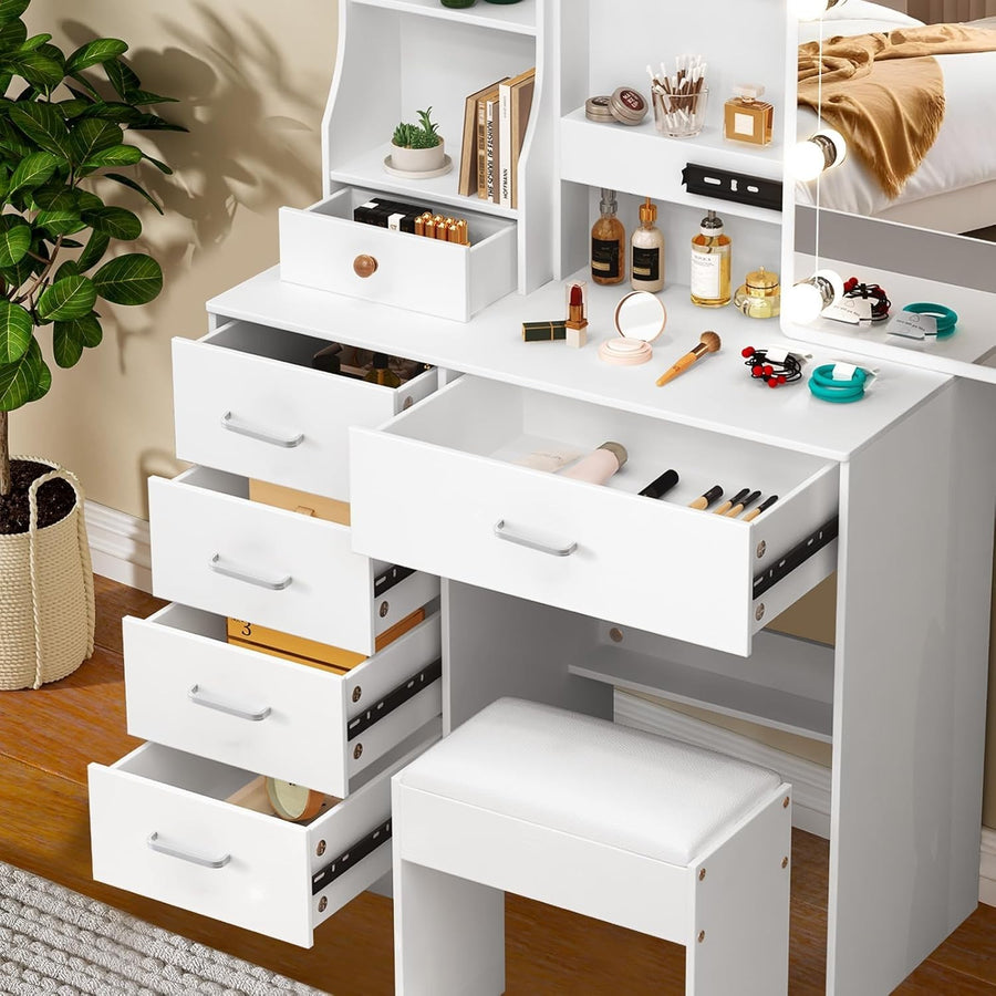 Vanity Desk Dressing Table w/ LED Light Mirror 5 Drawers Storage White Modern