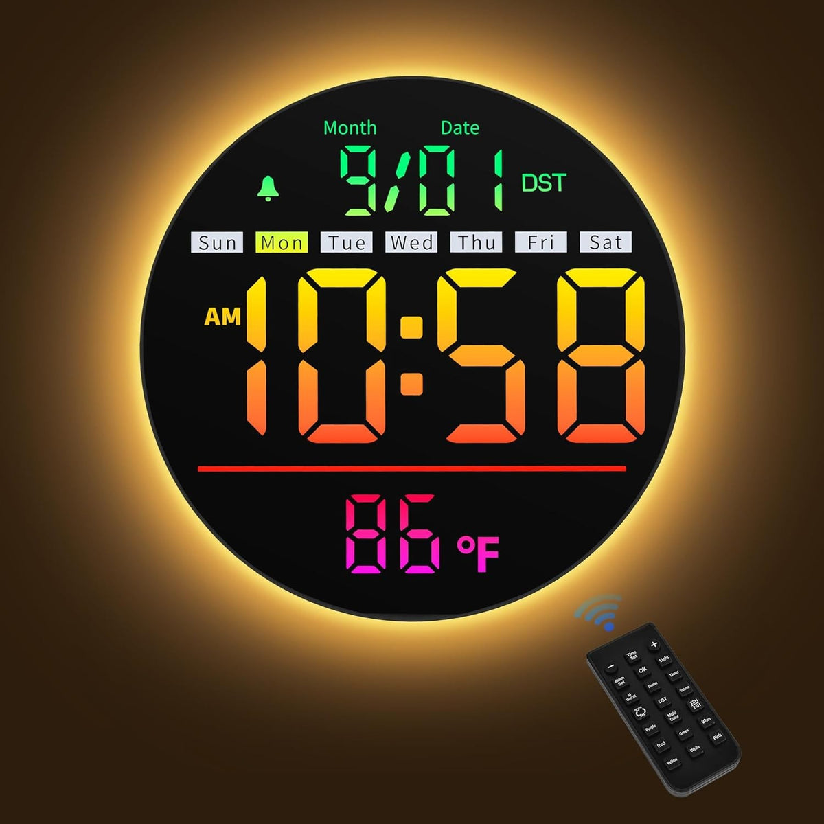 Round LED Digital Wall Clock RGB Display Temp Date Timer Alarm Remote Control