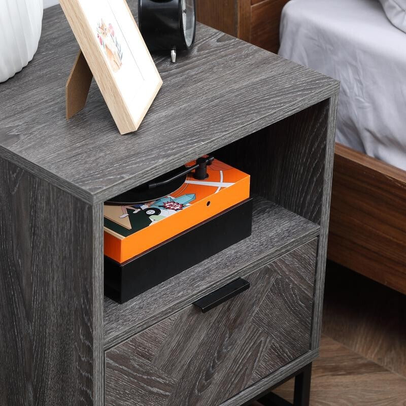 Grey Bedside Table with Drawer & Shelf, Metal Frame, 52cm Tall
