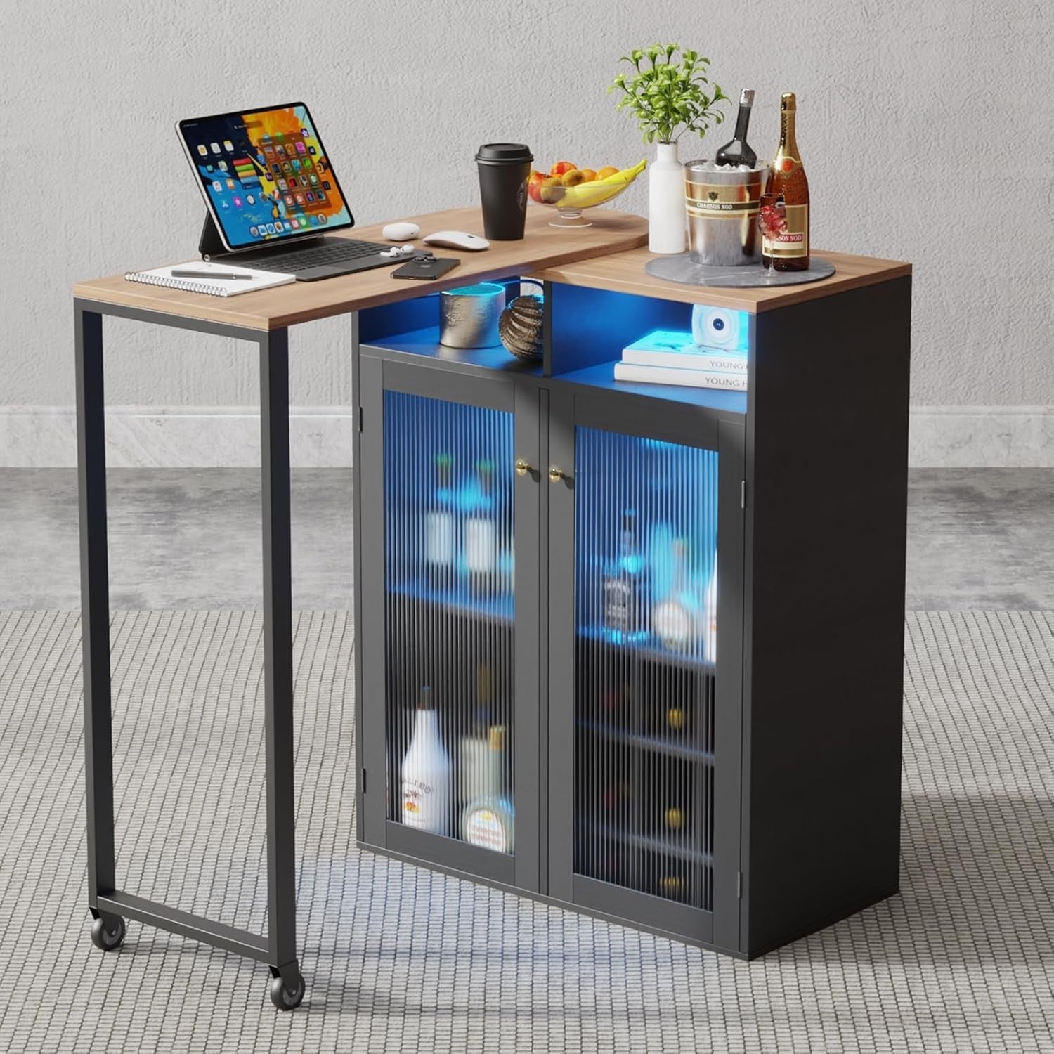 L-Shaped Home Bar Cabinet with LED Lights & Power Outlets, Wine Storage & Shelve