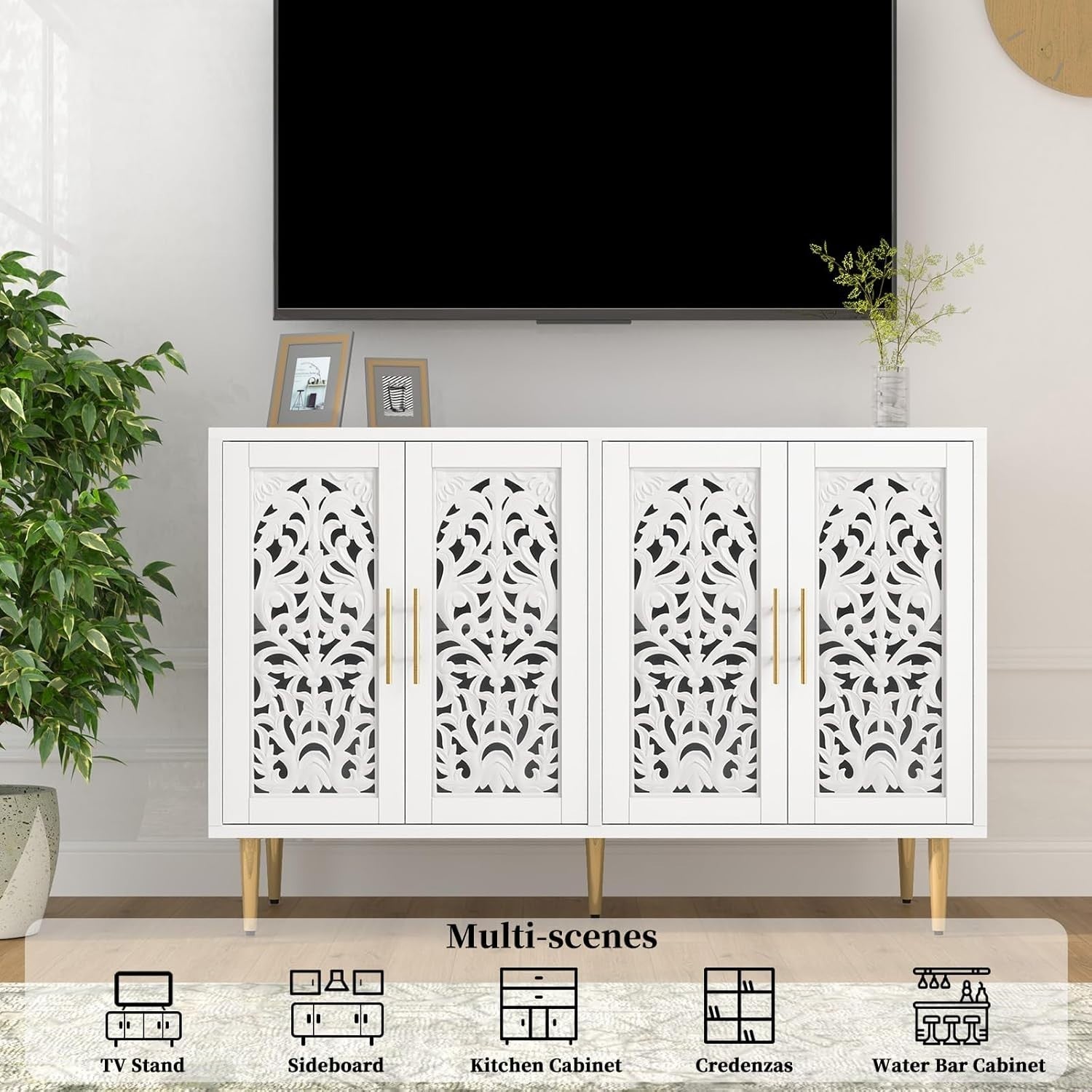 Vintage White Sideboard Cabinet 4 Doors Hollow Carved Buffet Storage Unit