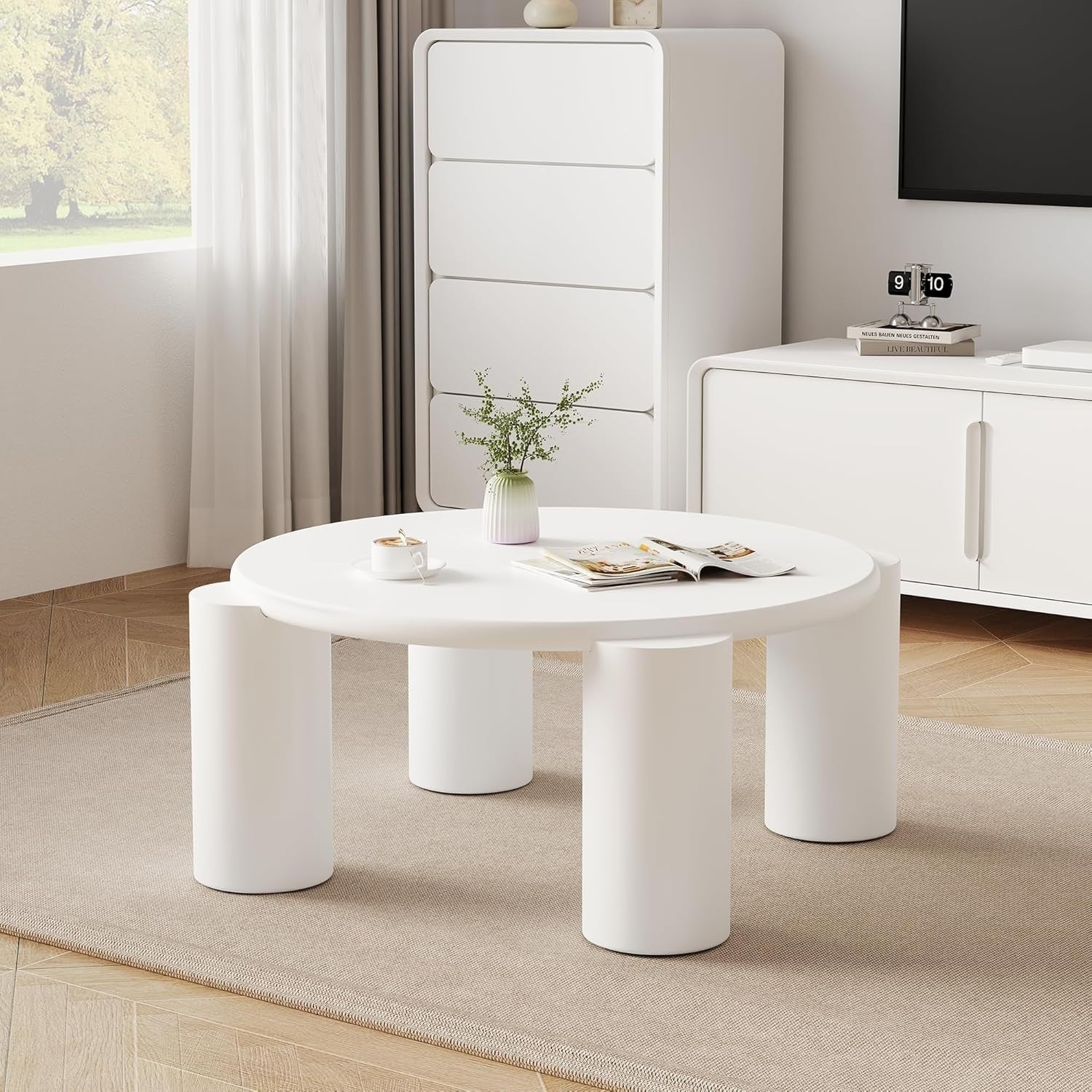 Round White Wooden Coffee Table, Stylish Modern Design, Sturdy & Space-Saving