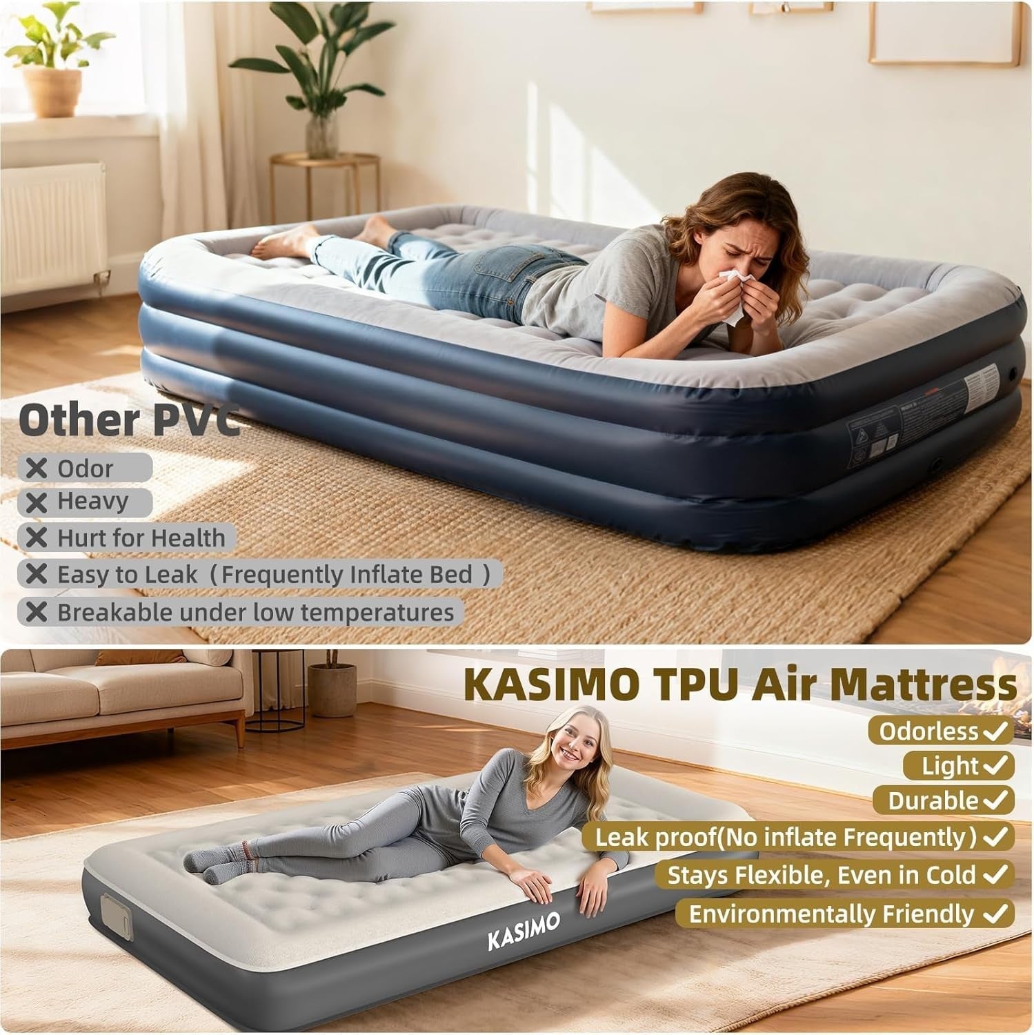 Single Inflatable Air Mattress with Built-in Battery Pump & Pillow