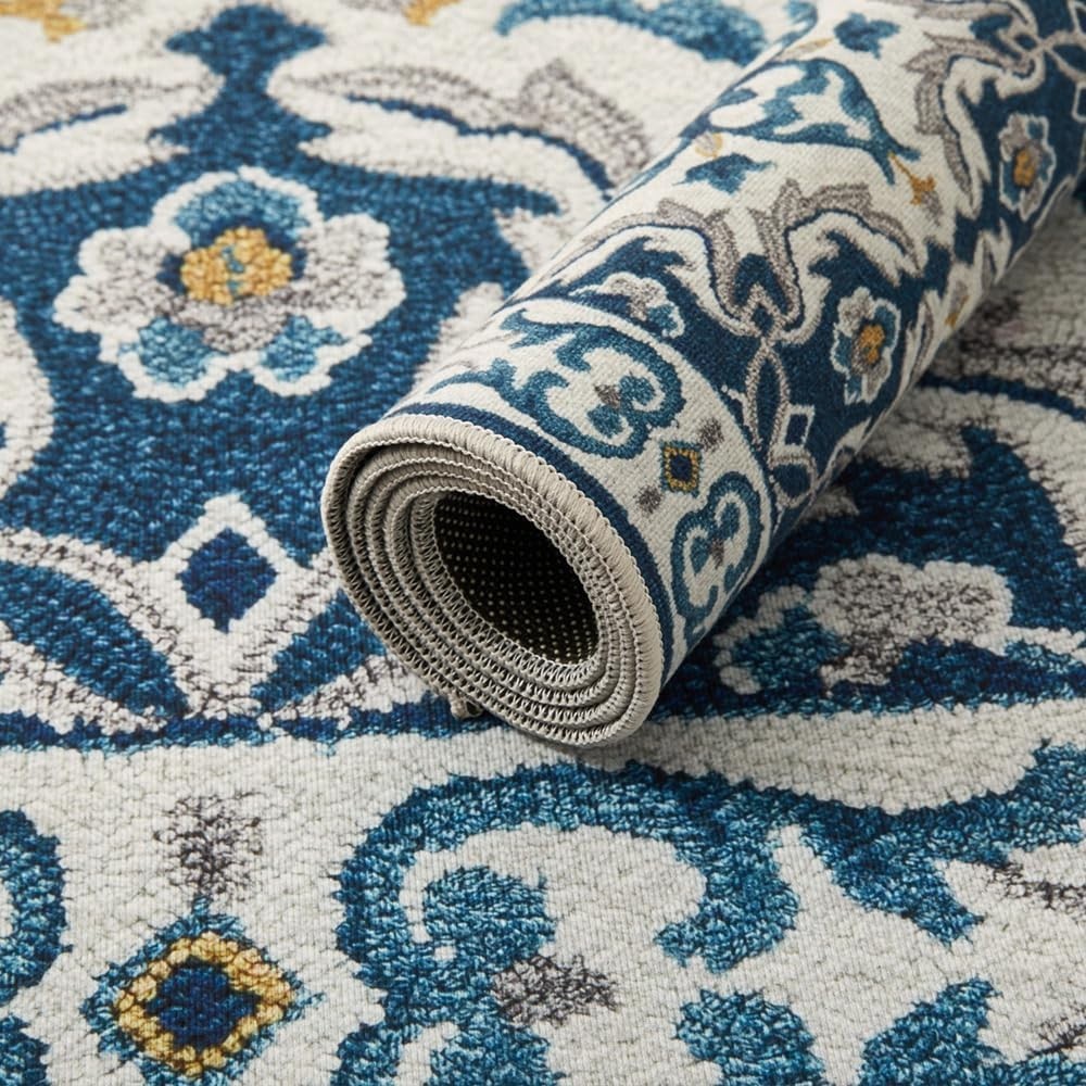 Large Vintage Floral Rug 160x230cm Soft Blue Non-Slip Carpet Living Room Bedroom