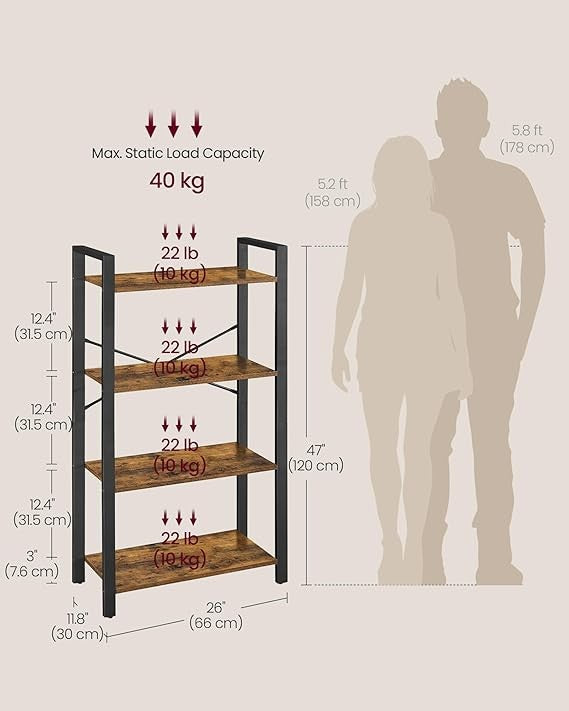 4-Tier Industrial Bookshelf Rustic Storage Unit Metal Wood Display Rack