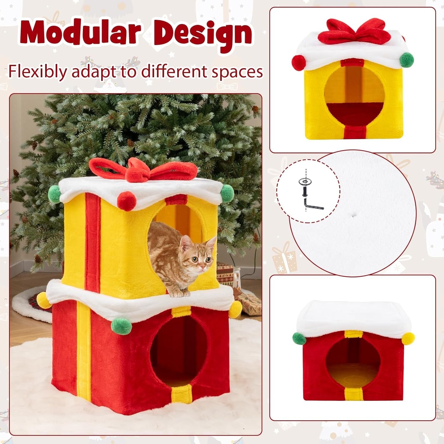 Double Cat House Condo Red Yellow White Stackable Plush Indoor Cat Hideaway