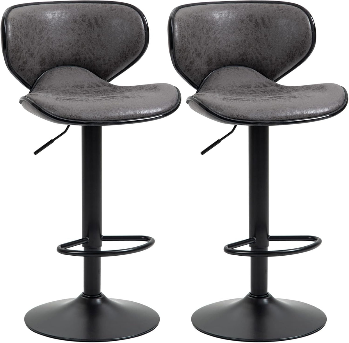 Adjustable Swivel Bar Stools Set of 2 | Dark Grey Faux Leather Breakfast Chairs