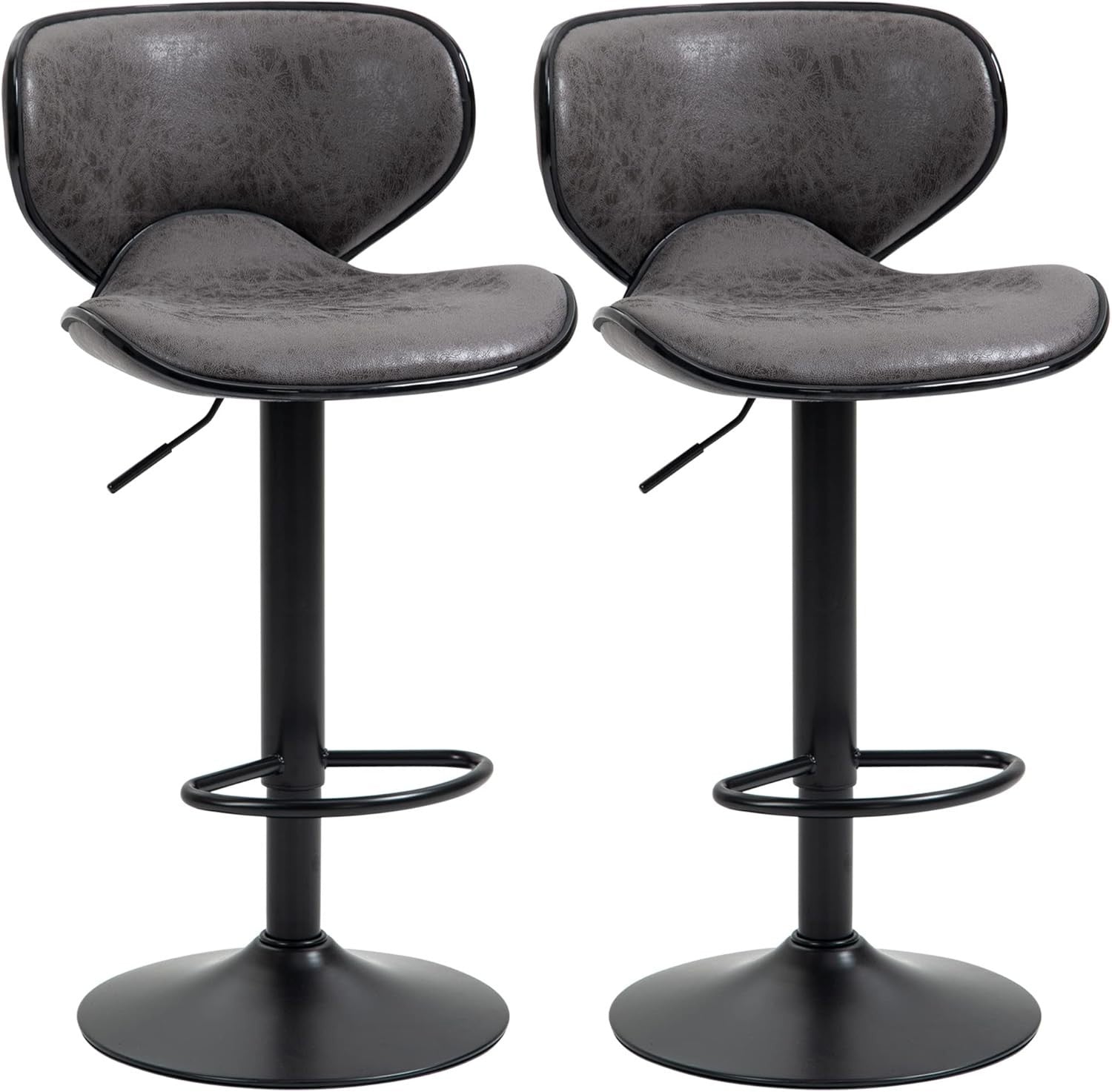 Adjustable Swivel Bar Stools Set of 2 | Dark Grey Faux Leather Breakfast Chairs