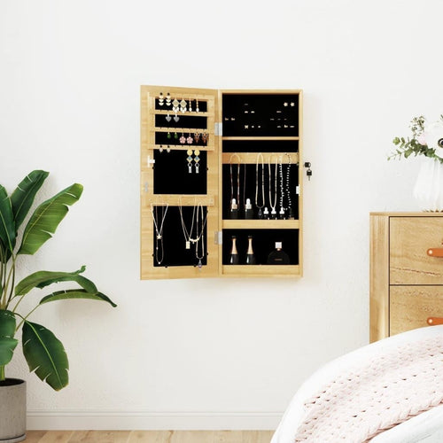 Compact Wall Mounted Jewelry Cabinet Mirror Lockable Slim Storage Brown