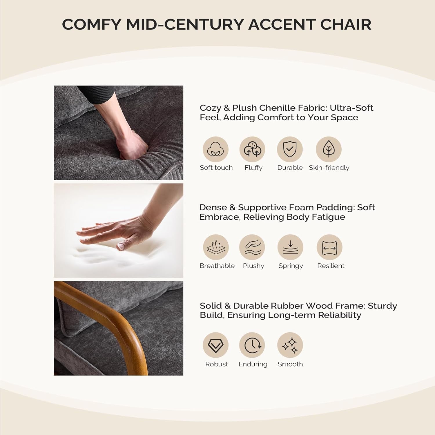 Dark Grey Chenille Accent Chair – Solid Wood Lounge Armchair