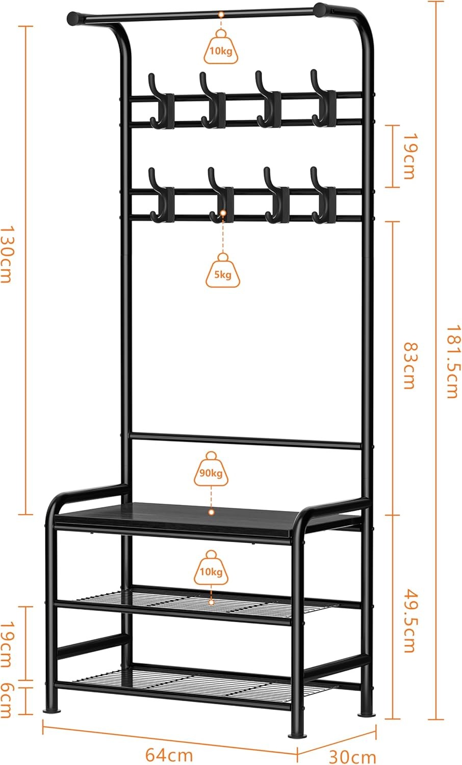 Coat Rack with Shoe Bench 4-in-1 Hall Tree 182cm Black Metal Frame Storage