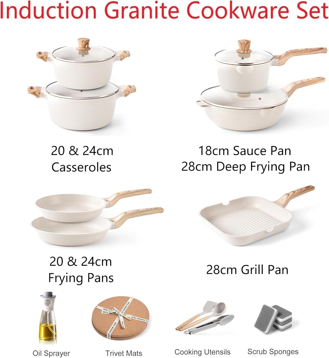 11Pcs Beige Non Stick Cookware Set with Grill Pan & Lids