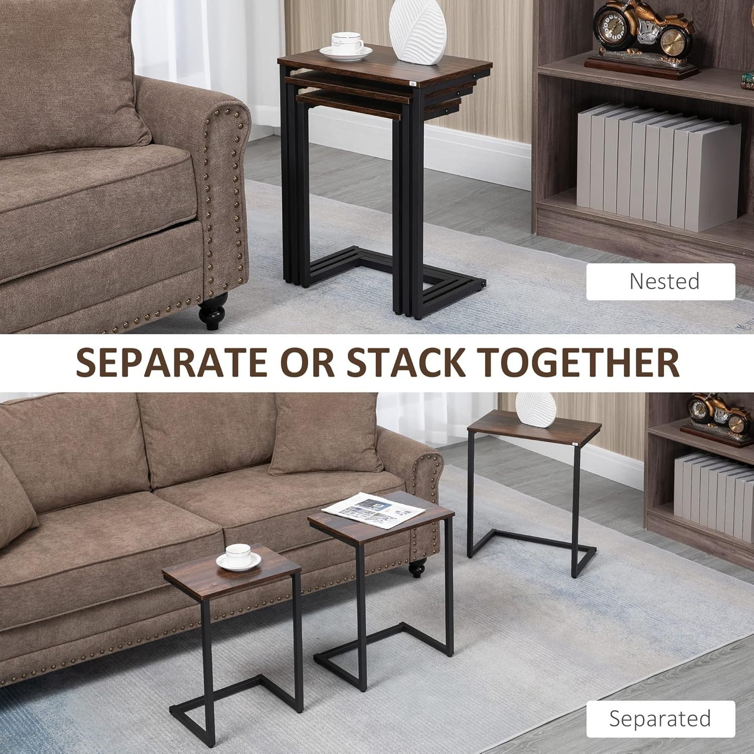 Set of 3 Industrial Nesting Side Coffee Tables C Shaped Sofa End Desk