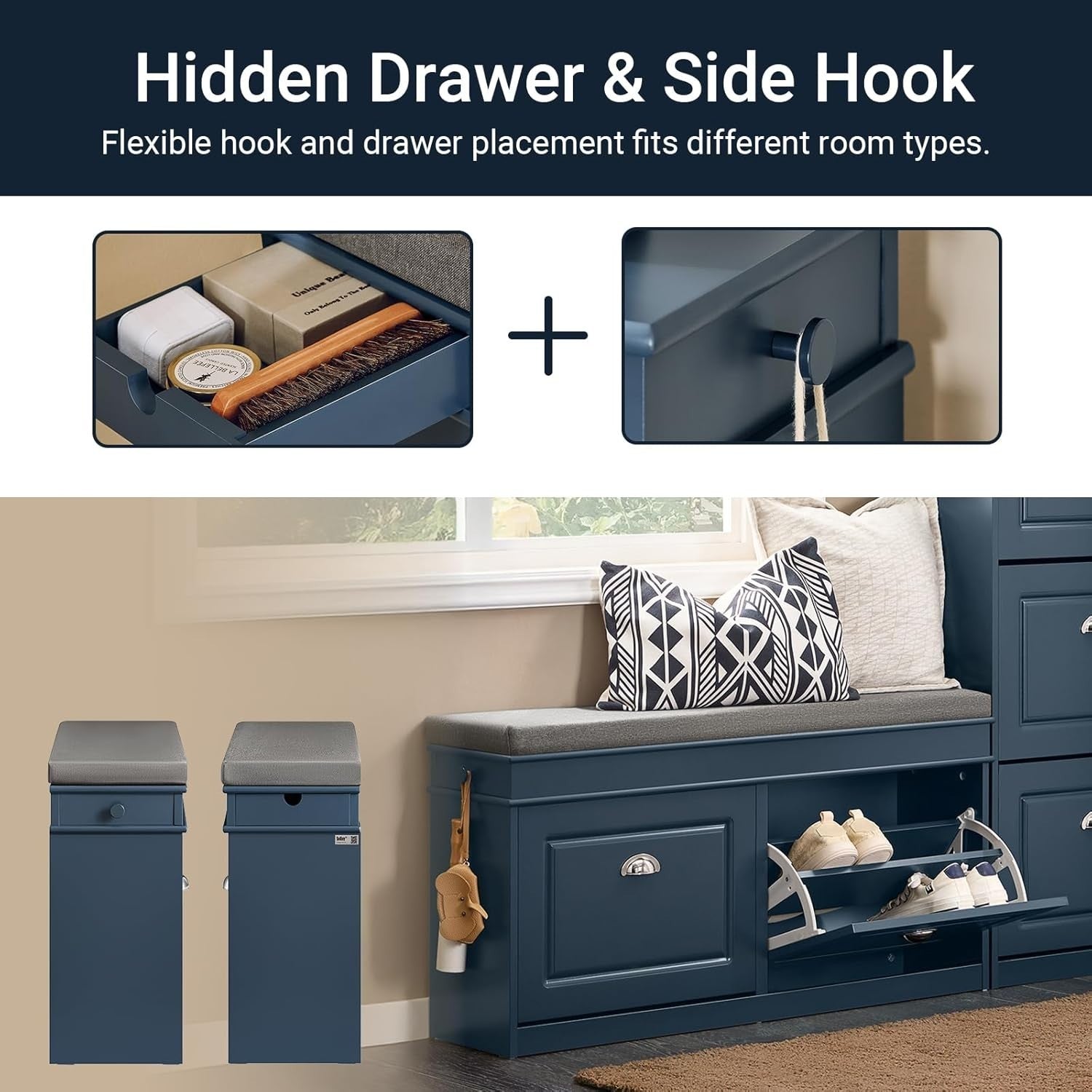 Flip-Drawer Shoe Storage Bench with Cushion Seat – Compact Hallway Organizer Blu