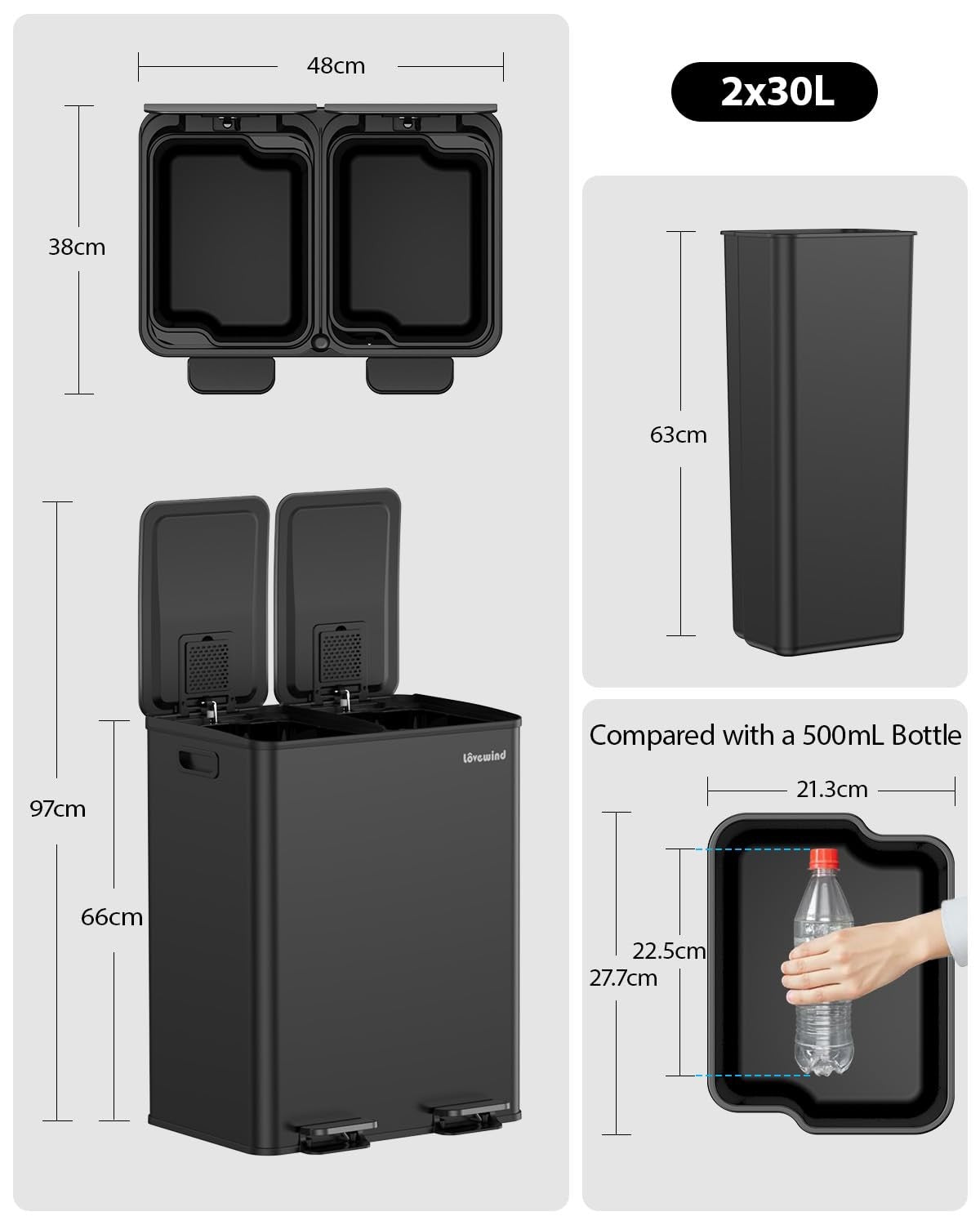 60L Double Kitchen Bin 2x30L Black Soft Close Recycling