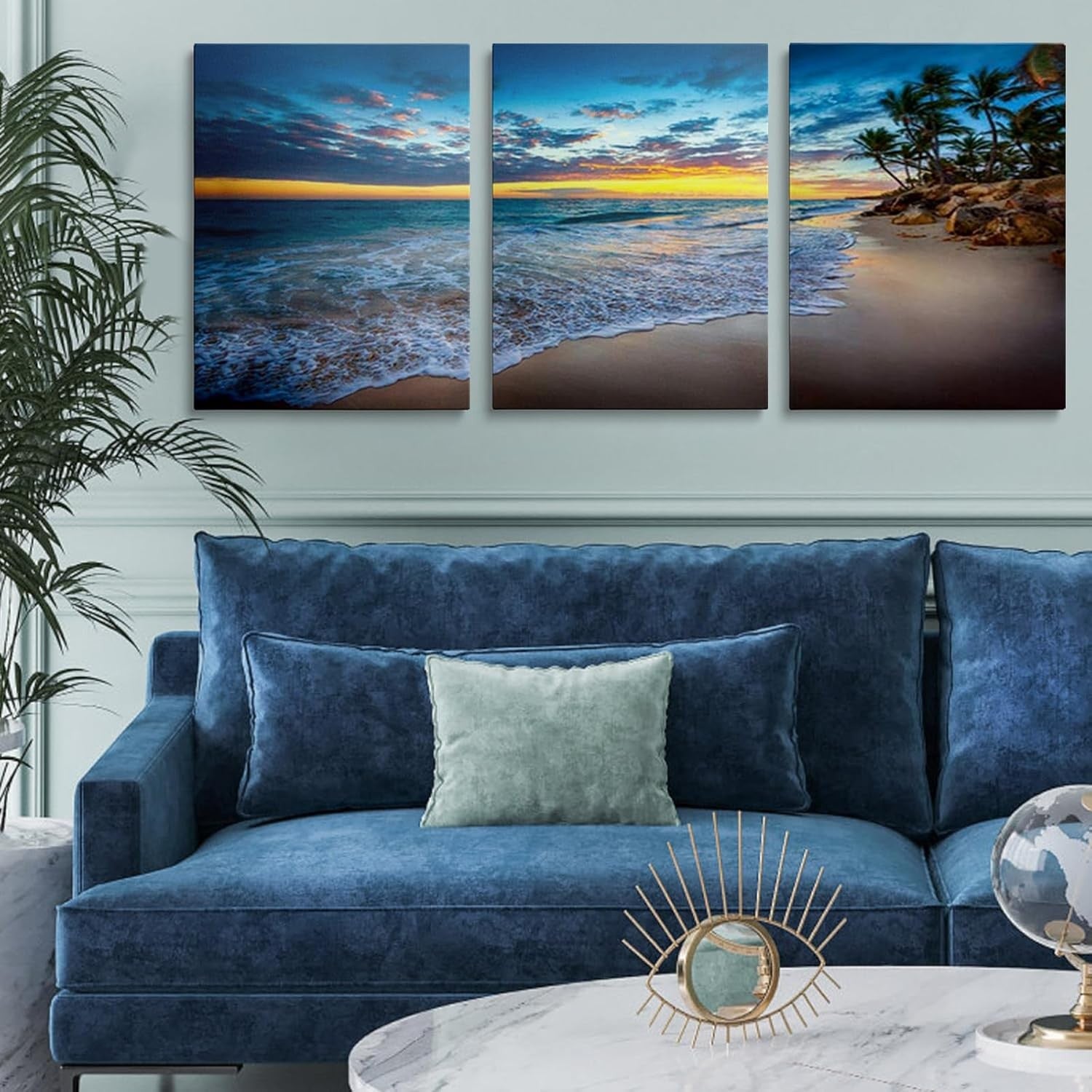 Sunset Beach Wall Art Set of 3 Framed Canvas 12x16in
