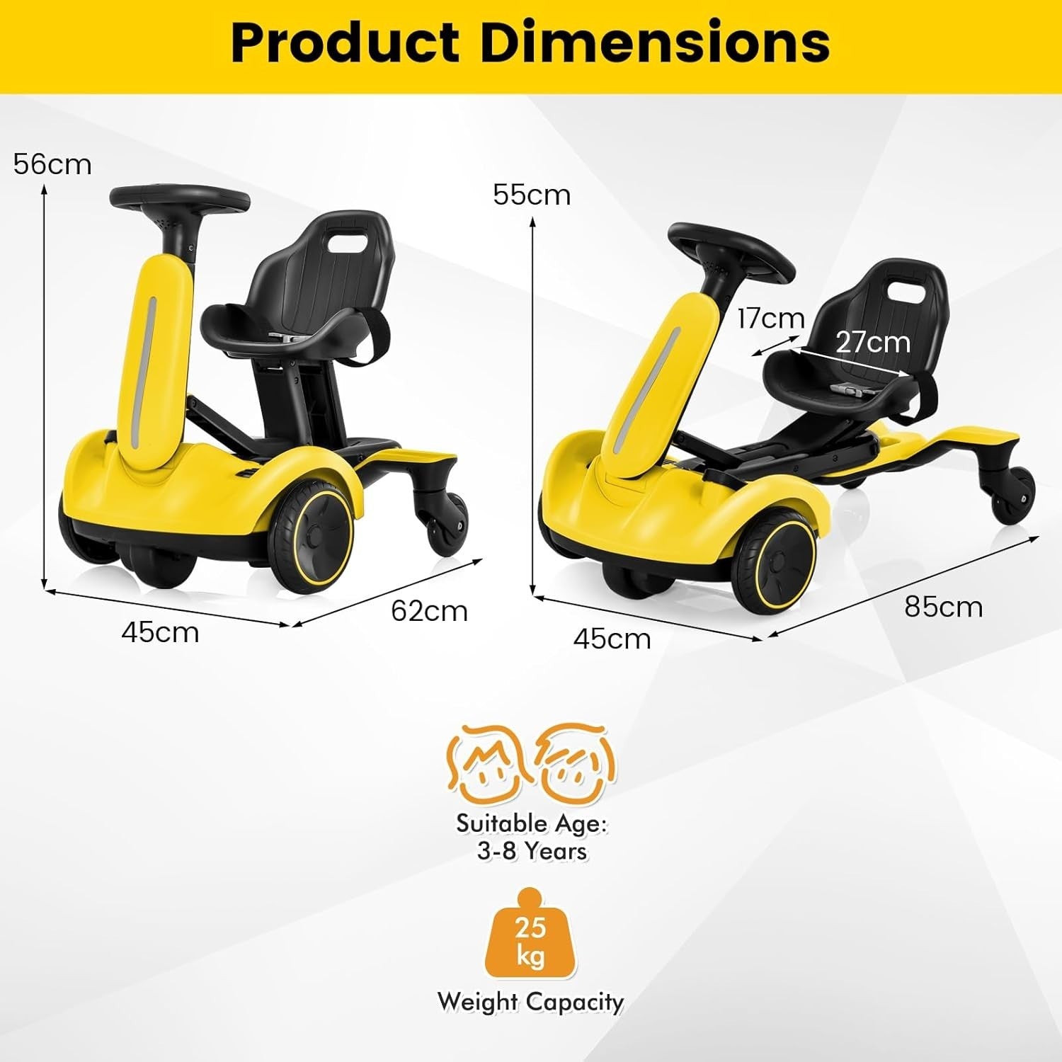 Kids Electric Drift Go Kart 6V Ride On Car 360 Spin Adjustable Seat Yellow