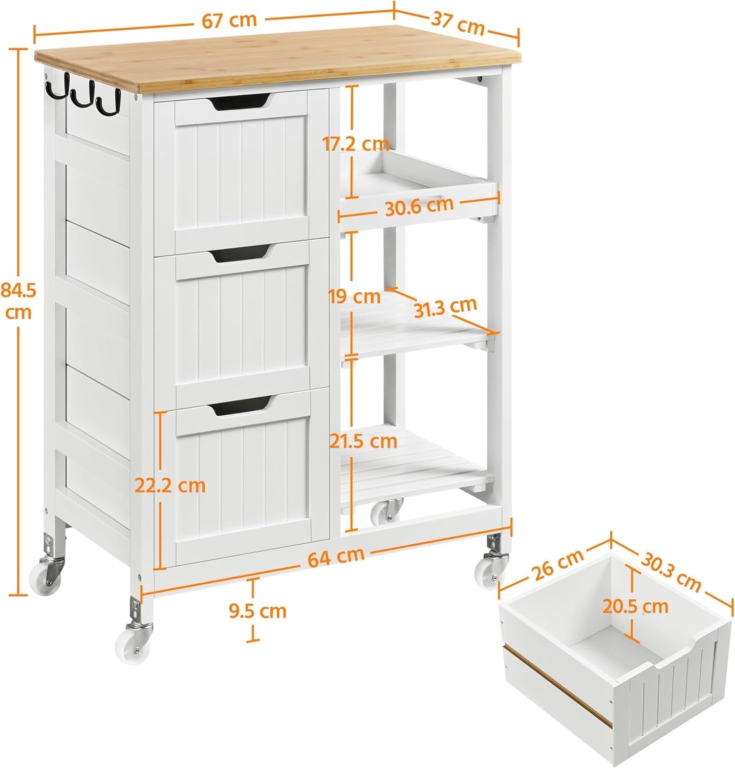Kitchen Storage Trolley on Wheels with Drawers 3 Tier Rolling Island