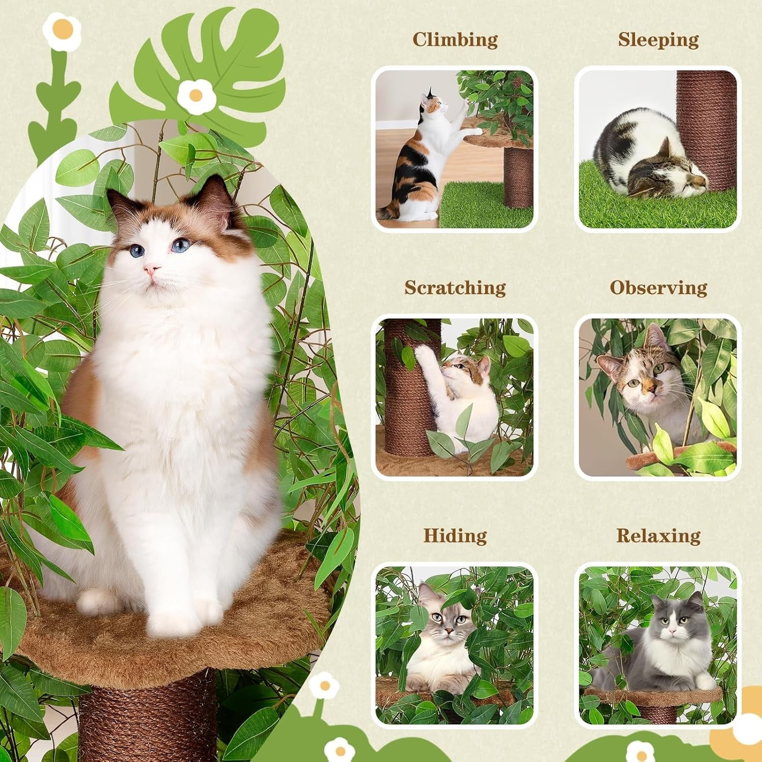 150cm Cat Tree Tower Scratching Post With Simulated Ficus Leaves Indoor