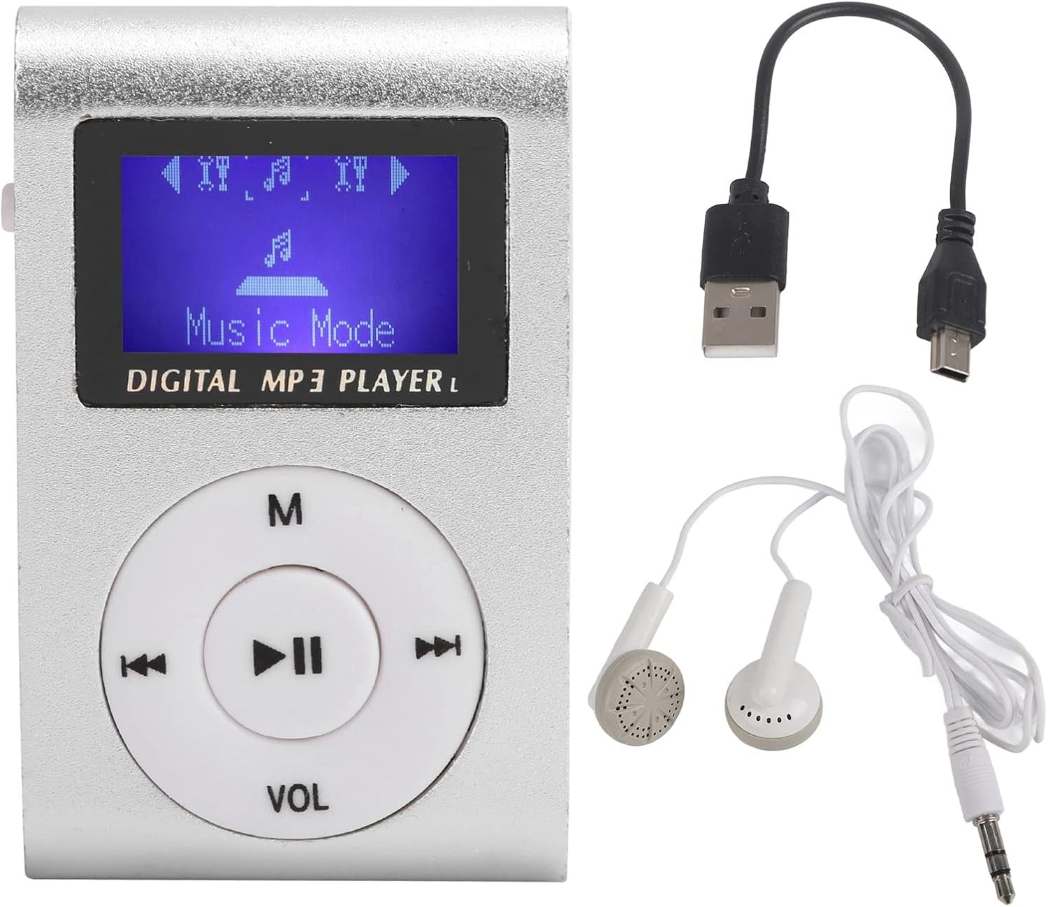 Portable Mini MP3 Player with Sports Clip, LCD Screen & Earphones – Silver