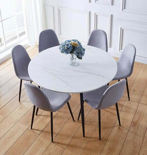Round Marble Effect Dining Table & 6 Grey Fabric Chairs Set 120cm