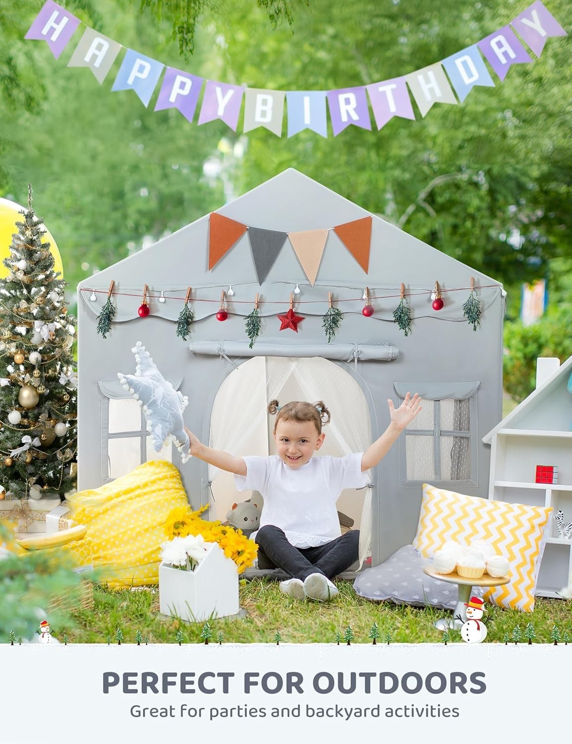 Grey Kids Play Tent Bed Canopy with Lights Padded Indoor Castle