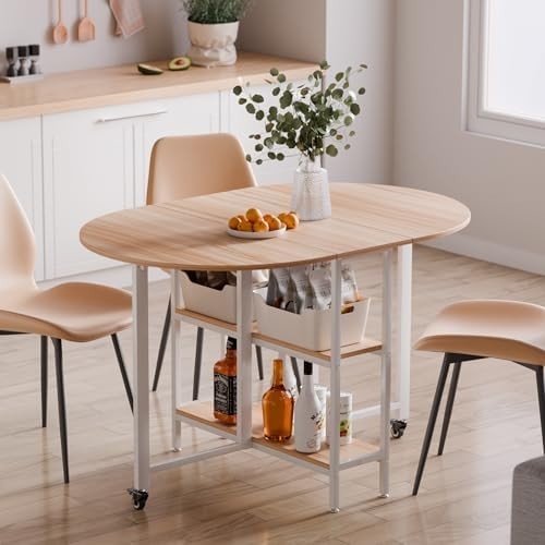 Oak & White Folding Dining Table Drop Leaf Mobile 4-6 Seat Small Space