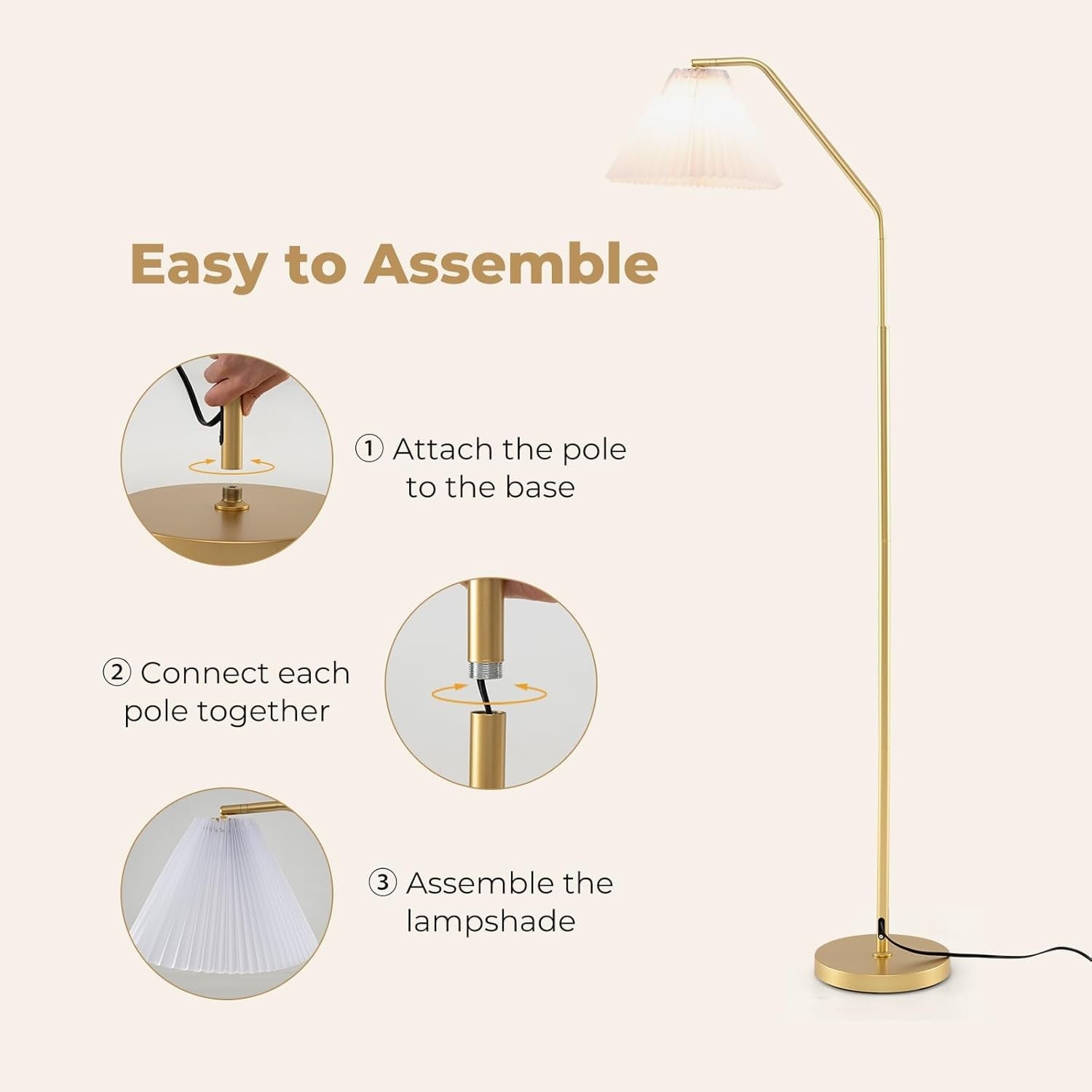 Arc Floor Lamp 168cm Adjustable Head E27 Pleated Shade Foot Switch