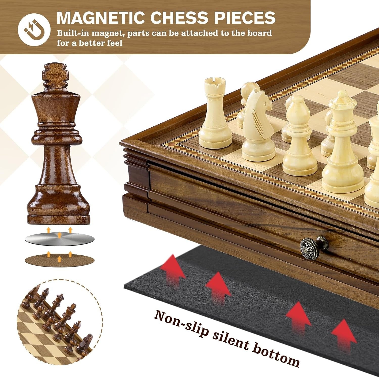 38cm Wooden Magnetic Chess Set with 2 Storage Drawers & Extra Queens