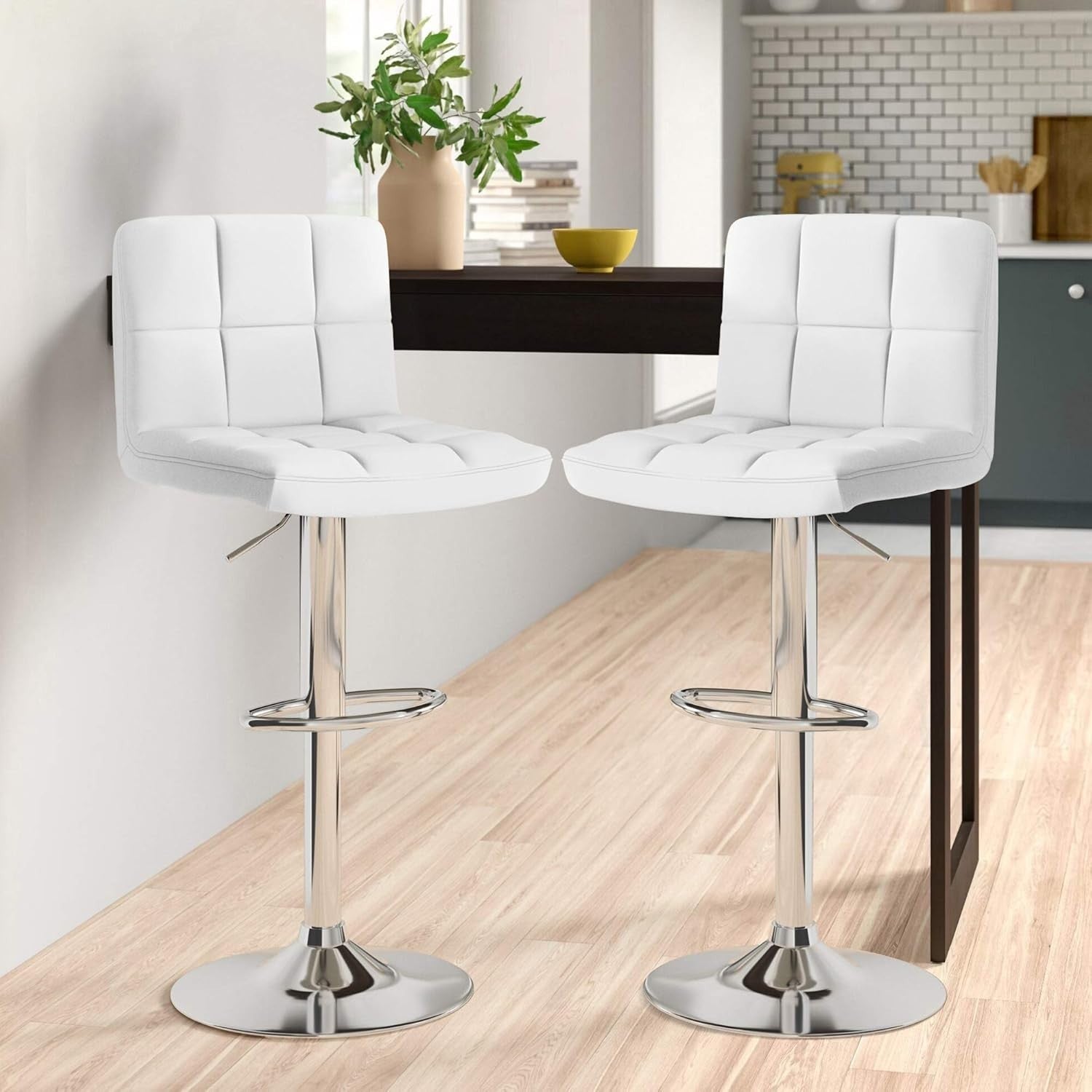 Adjustable Swivel Bar Stools Set of 2 | White Faux Leather Chrome