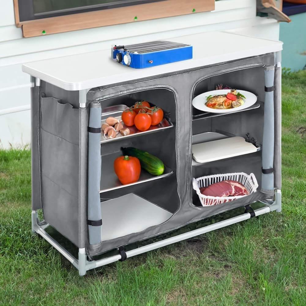 Portable Outdoor Camping Kitchen with 6 Shelves & Storage Bag, Foldable Table