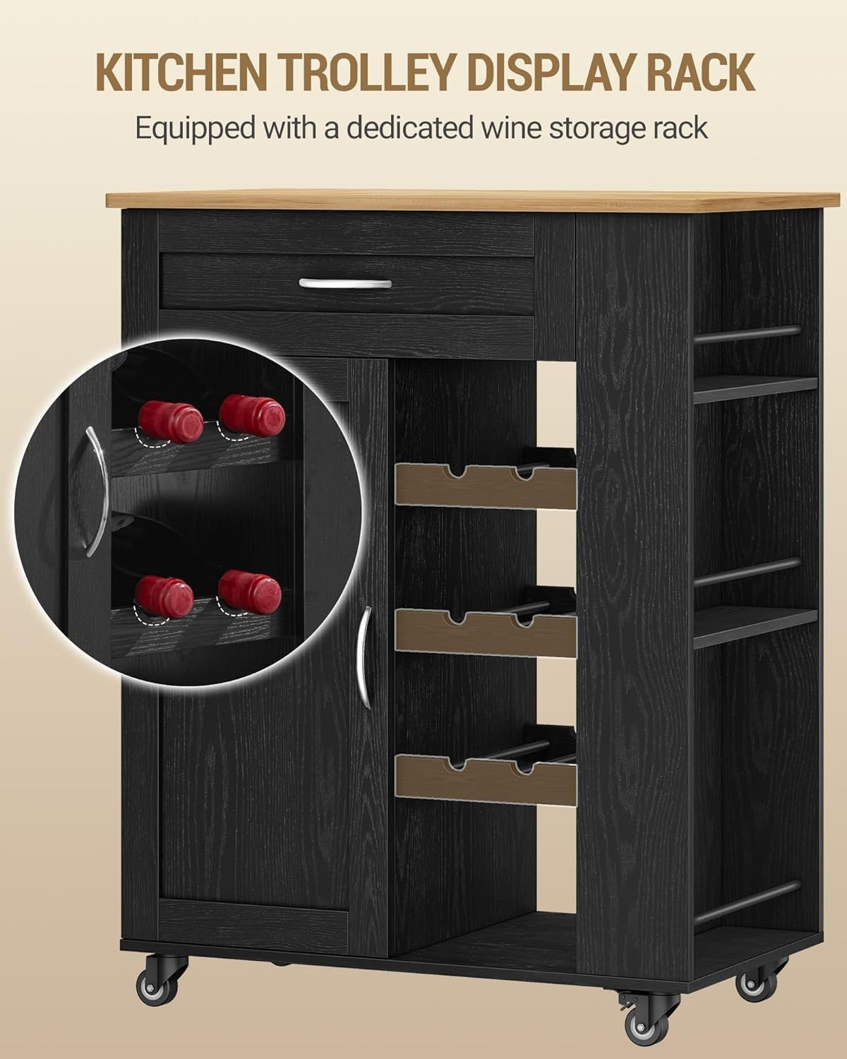 Black Rolling Kitchen Island Cart Wine Rack Drawers Shelves
