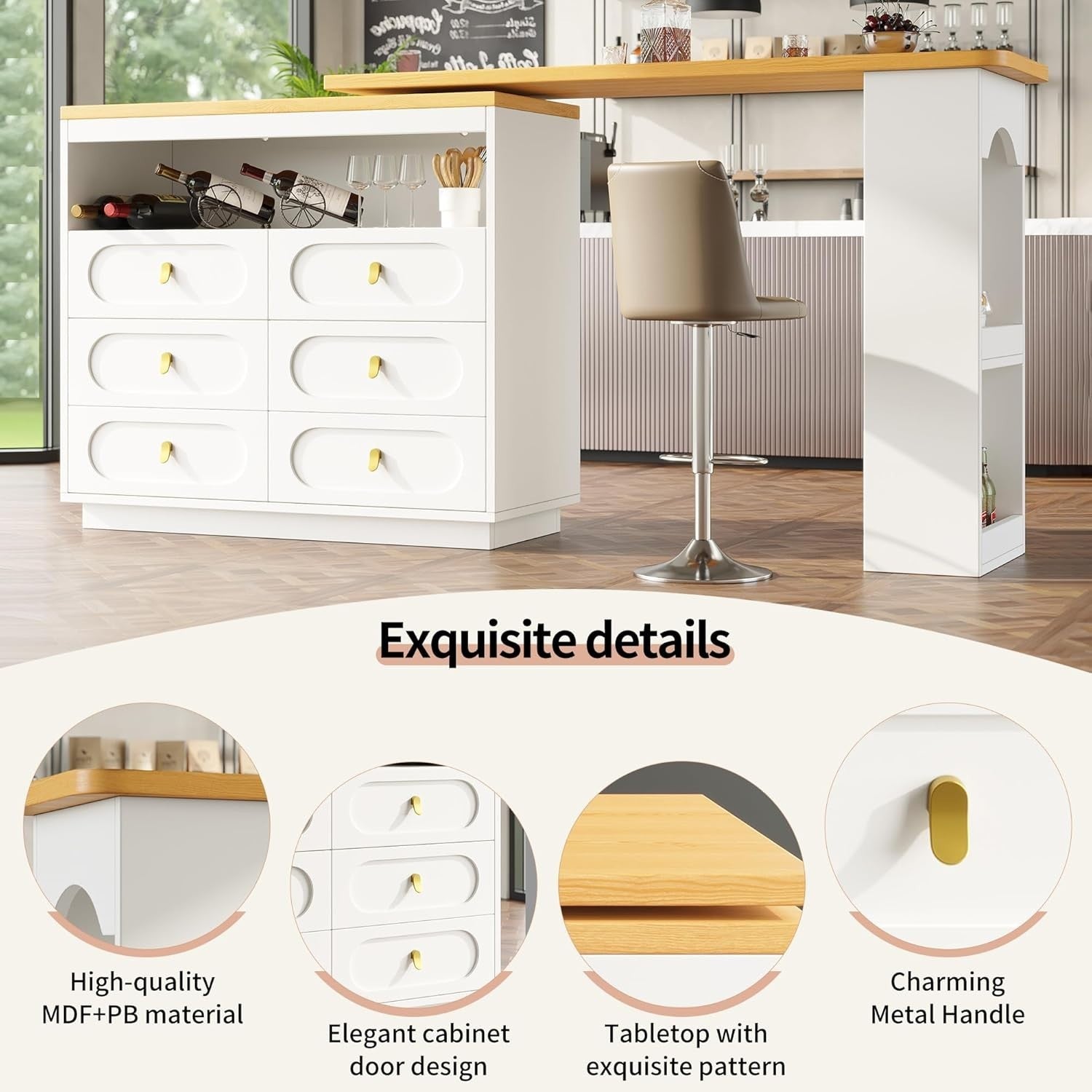 360° Swivel Bar Table w/ 6 Drawers & Storage Shelves Extendable White Furniture