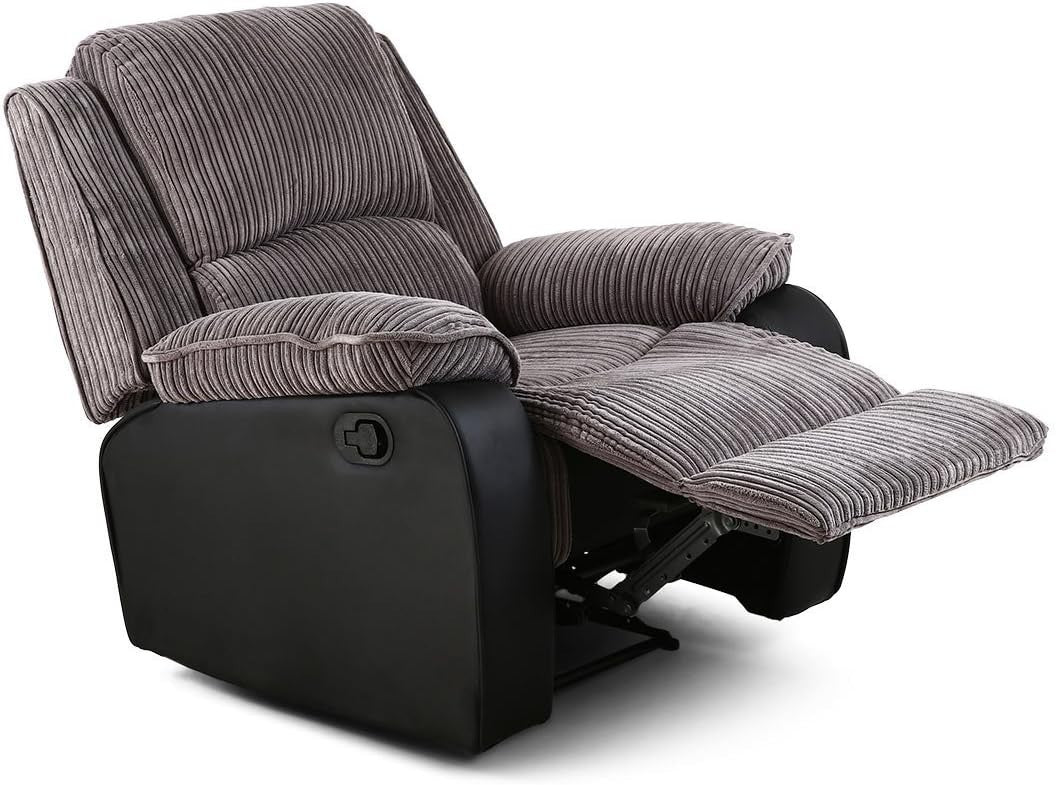 Manual Recliner Armchair Sofa Chair Jumbo Cord Fabric Lounge Seat Grey