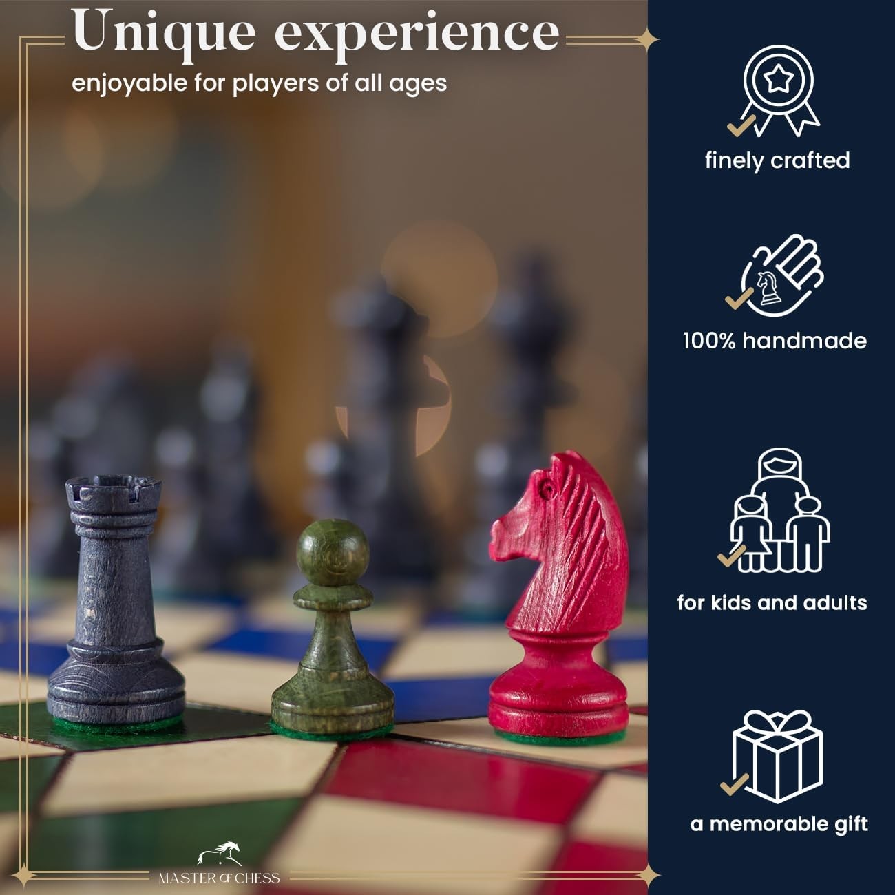 XL 3-Player Wooden Chess Set 54×47cm Hexagonal Board Handcrafted Travel Game