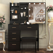 Makeup Vanity Table Set w/ 3-Color LED Lights, 12 Storage Spaces & Padded Stool